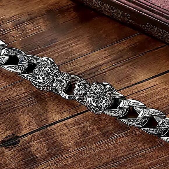 Stainless Steel Leopard Viking Bracelet, Double Headed, Norse, Horsetail… - Picture 2 of 7